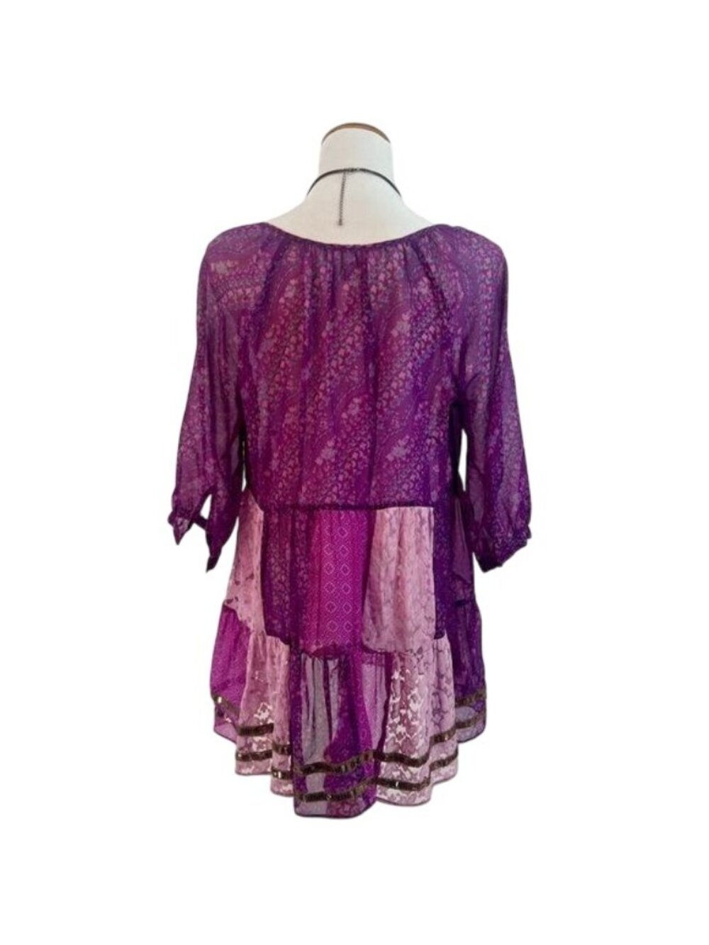 VTG Free People Purple Patchwork Chiffon Top | Boho Grunge Fairy Whimsigoth Y2K - Picture 8 of 16
